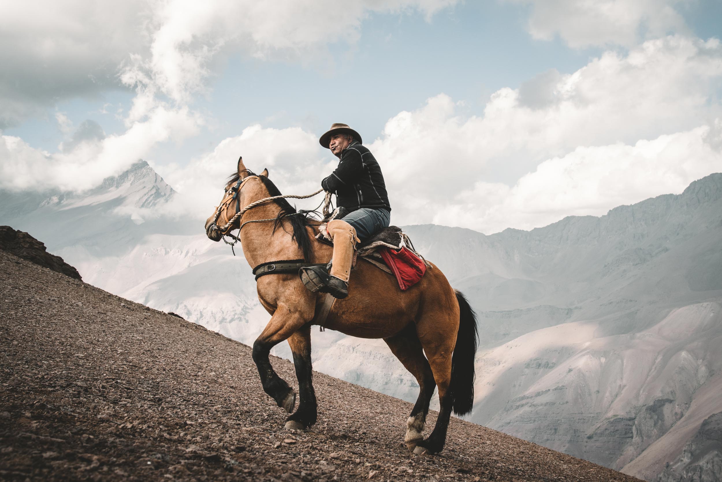 Old Chilean cowboy sheep herder on his horse in the Andes mountains.